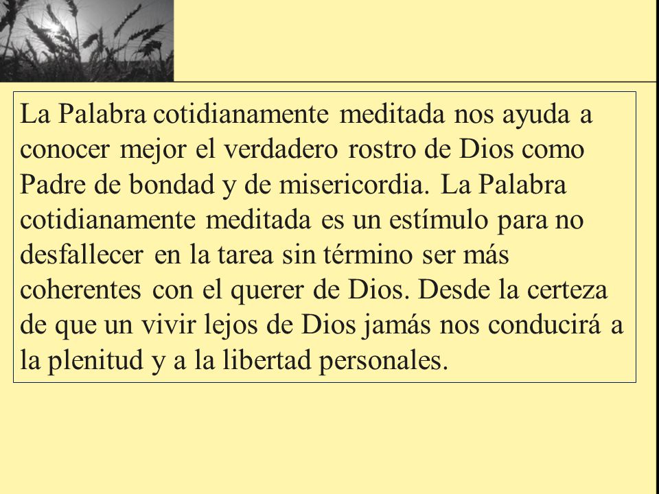 La Palabra cotidianamente meditada nos ayuda a conocer mejor el verdadero rostro de Dios como Padre de bondad y de misericordia.