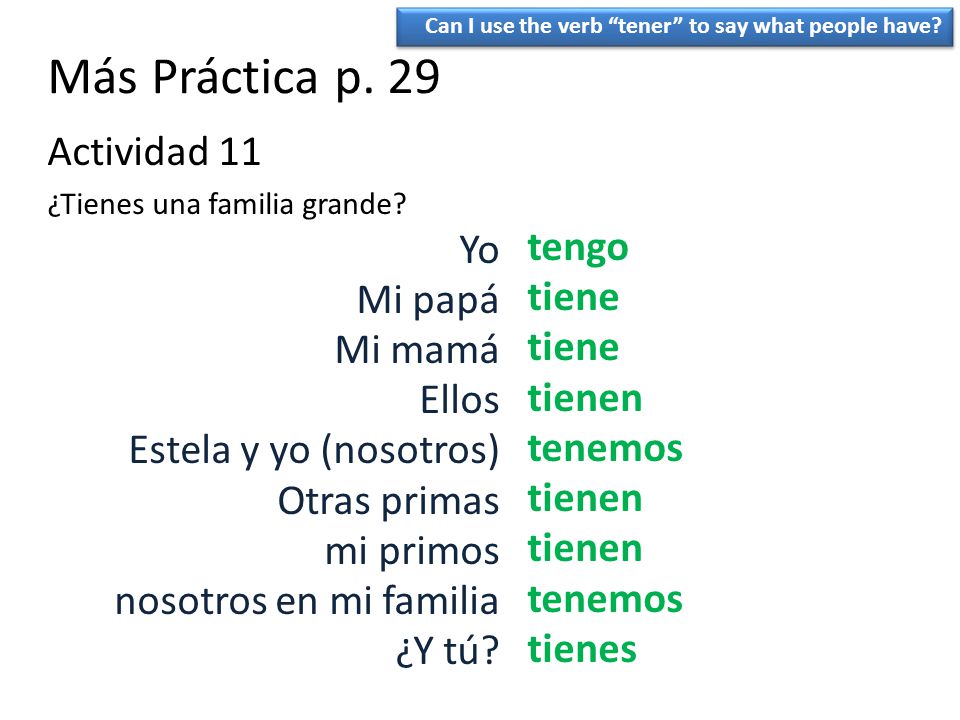 Más Práctica p. 29 Actividad 11 Yo Mi papá Mi mamá tengo Ellos tiene