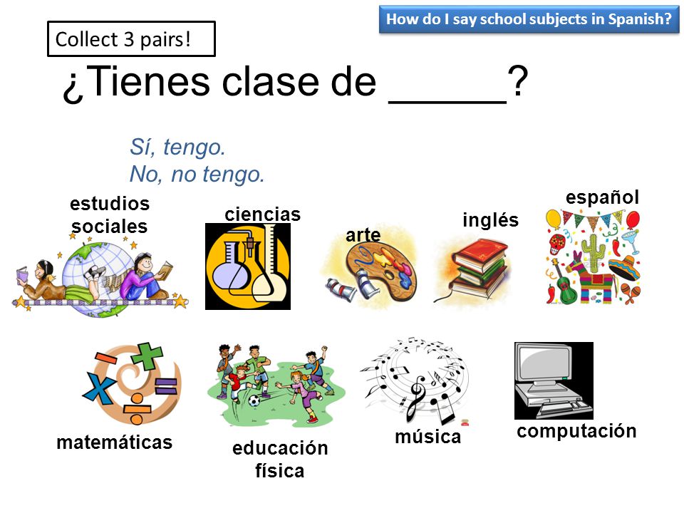 ¿Tienes clase de _____ Collect 3 pairs! Sí, tengo. No, no tengo.