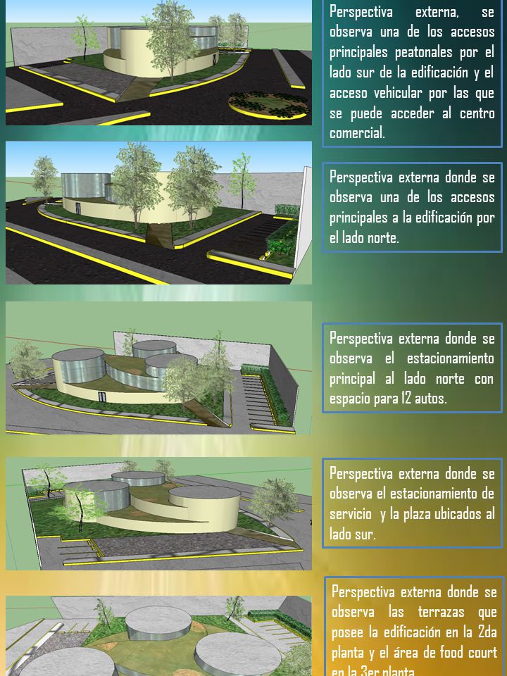 Perspectiva externa, se observa una de los accesos principales peatonales por el lado sur de la edificación y el acceso vehicular por las que se puede acceder al centro comercial.