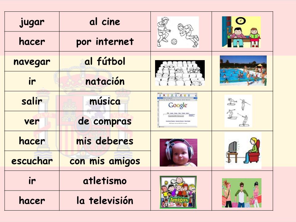 jugar al cine. hacer. por internet. navegar. al fútbol. ir. natación. salir. música. ver. de compras.