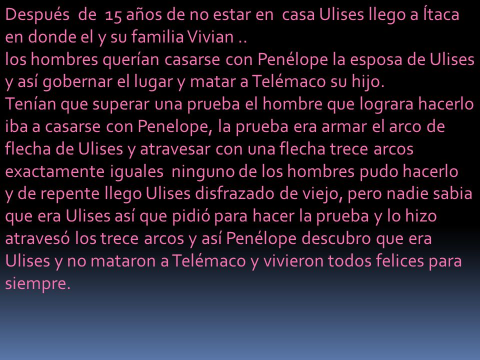 Después de 15 años de no estar en casa Ulises llego a Ítaca en donde el y su familia Vivian ..