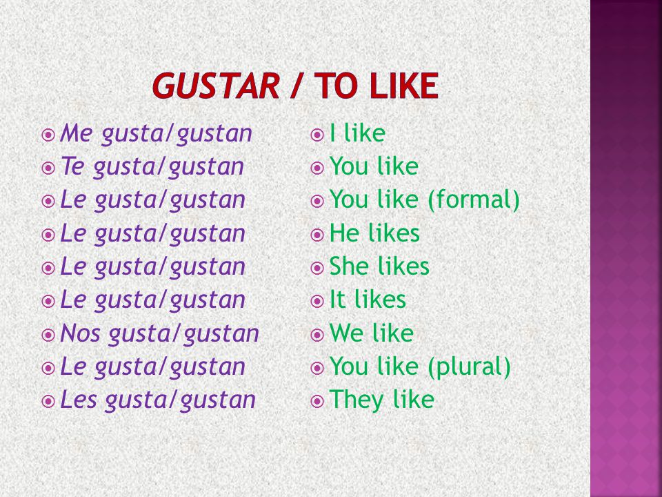 Gustar / To like Me gusta/gustan Te gusta/gustan Le gusta/gustan