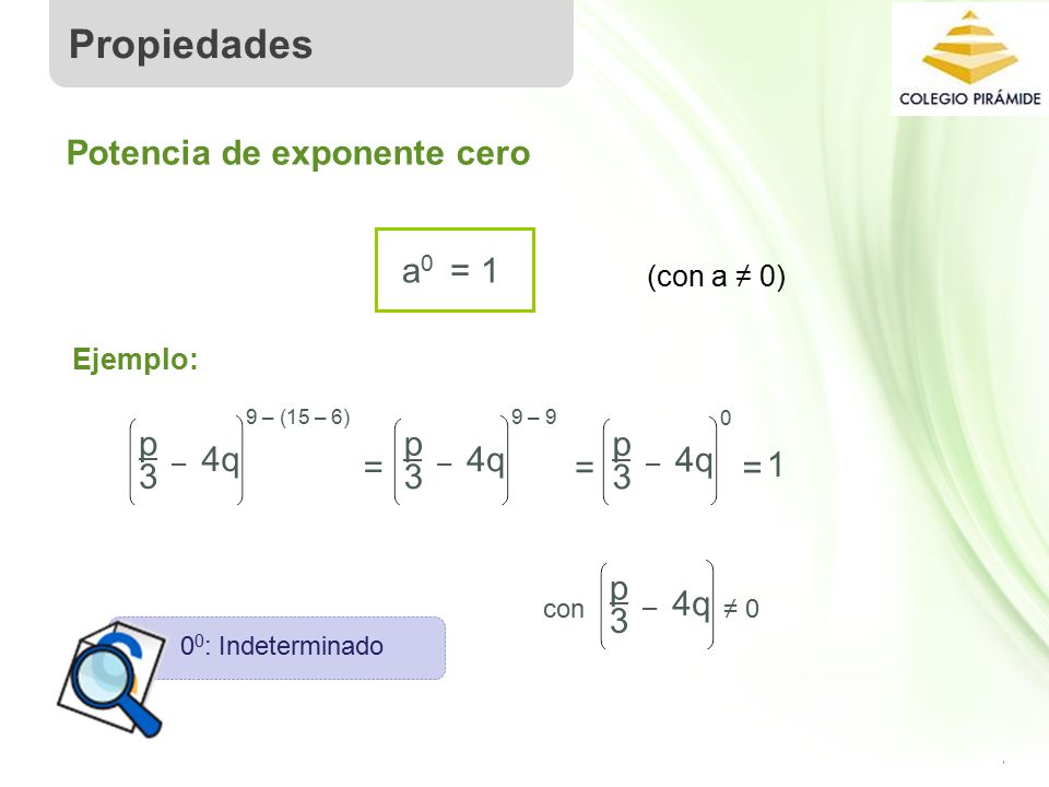 Propiedades Potencia de exponente cero a0 = 1 p 3 = p 3 = p 3 = 1 p 3