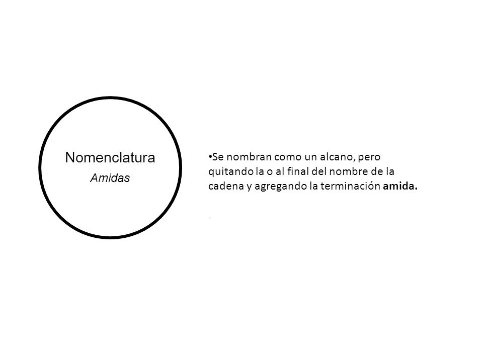 Nomenclatura Amidas. Se nombran como un alcano, pero quitando la o al final del nombre de la cadena y agregando la terminación amida.