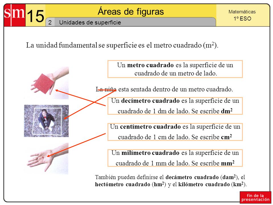 15 Áreas de figuras. Matemáticas. 1º ESO. 2. Unidades de superficie. La unidad fundamental se superficie es el metro cuadrado (m2).