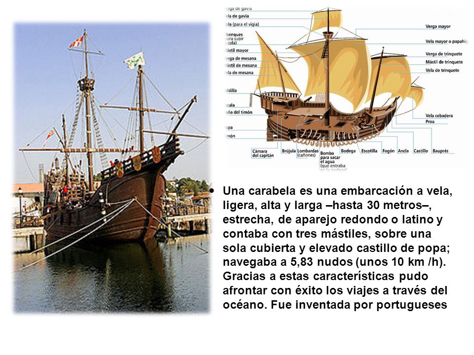 Una carabela es una embarcación a vela, ligera, alta y larga –hasta 30 metros–, estrecha, de aparejo redondo o latino y contaba con tres mástiles, sobre una sola cubierta y elevado castillo de popa; navegaba a 5,83 nudos (unos 10 km /h).