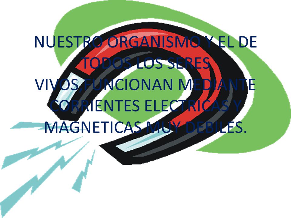 NUESTRO ORGANISMO Y EL DE TODOS LOS SERES VIVOS,FUNCIONAN MEDIANTE CORRIENTES ELECTRICAS Y MAGNETICAS MUY DEBILES.