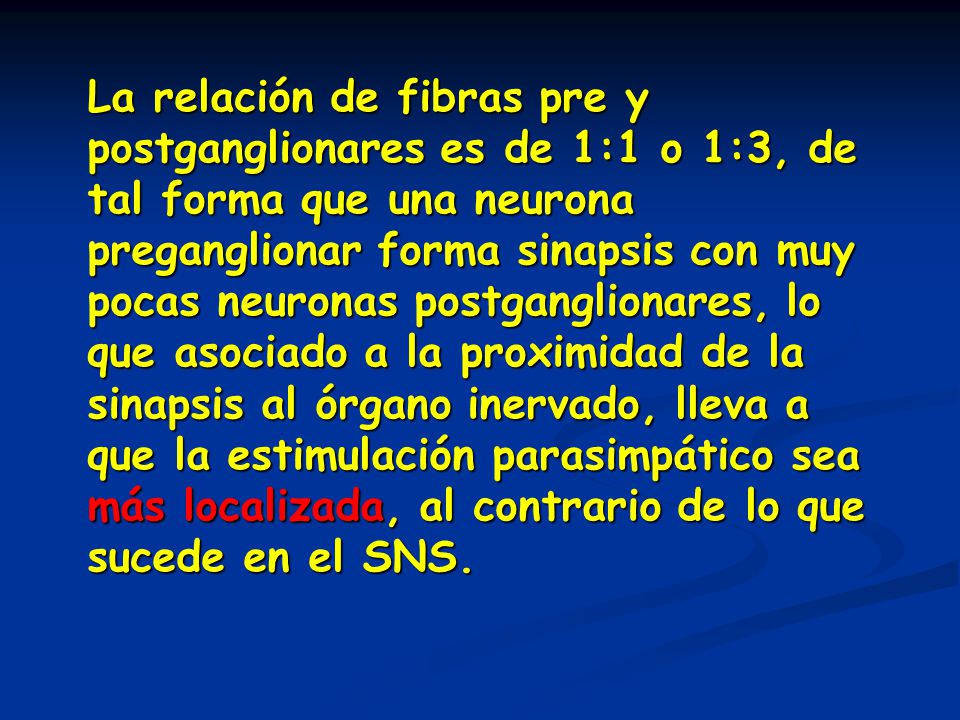 La relación de fibras pre y postganglionares es de 1:1 o 1:3, de tal forma que una neurona preganglionar forma sinapsis con muy pocas neuronas postganglionares, lo que asociado a la proximidad de la sinapsis al órgano inervado, lleva a que la estimulación parasimpático sea más localizada, al contrario de lo que sucede en el SNS.