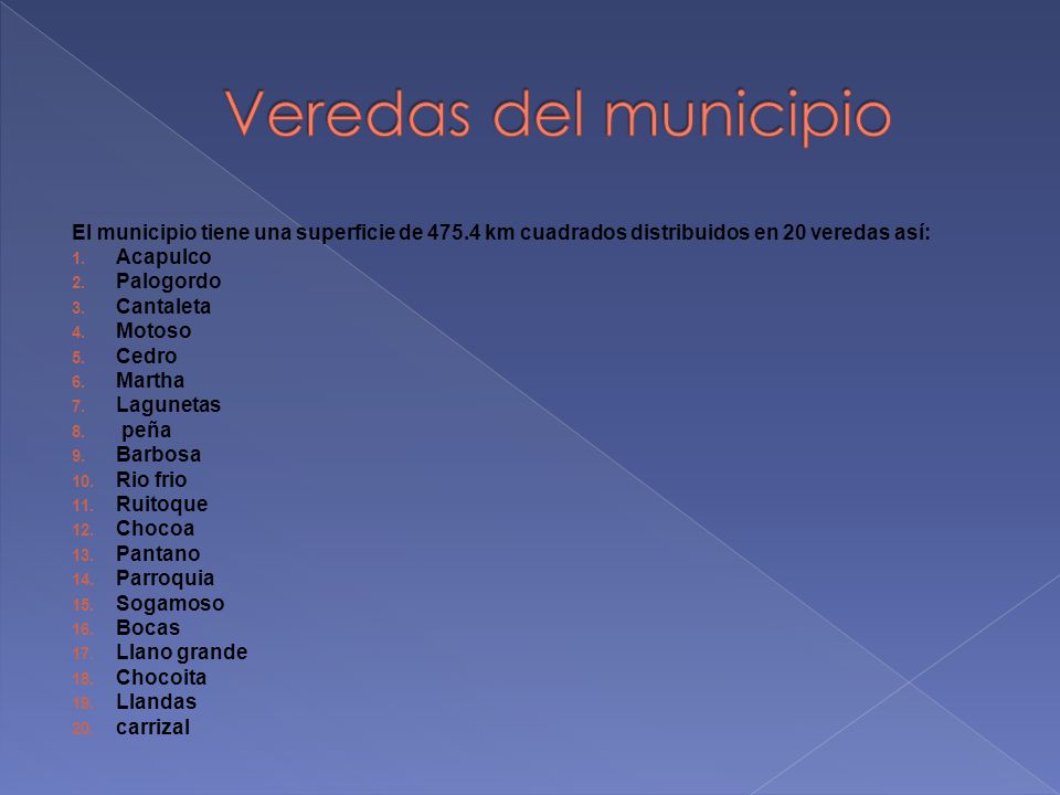 Veredas del municipio El municipio tiene una superficie de km cuadrados distribuidos en 20 veredas así: