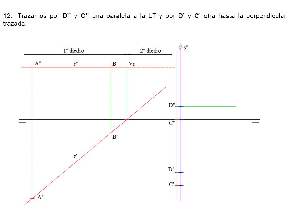 12.- Trazamos por D’’ y C’’ una paralela a la LT y por D’ y C’ otra hasta la perpendicular trazada.
