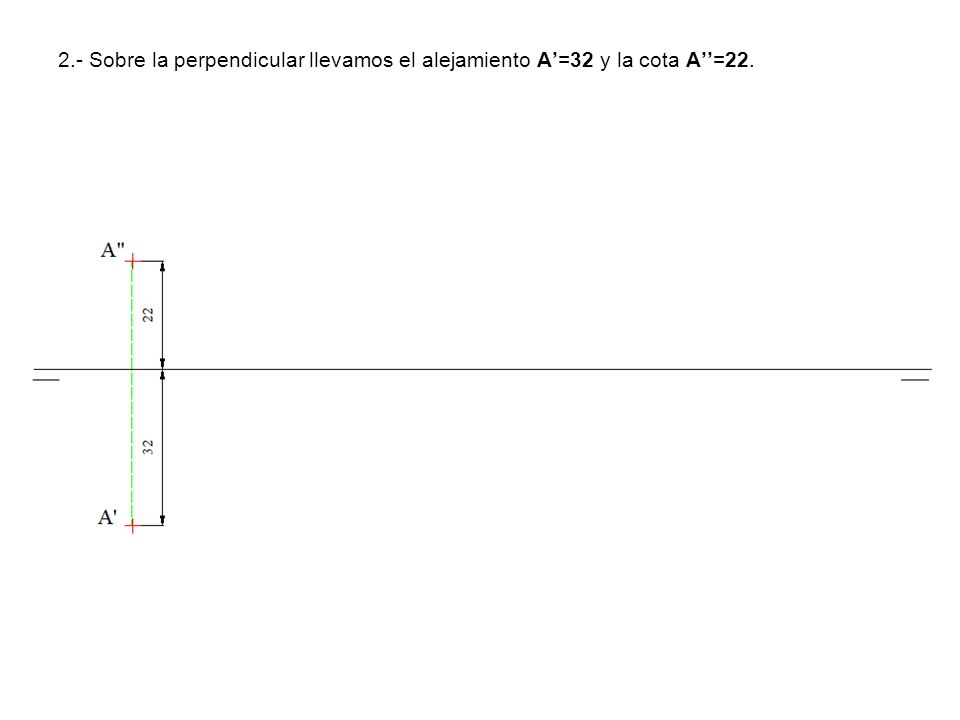 2.- Sobre la perpendicular llevamos el alejamiento A’=32 y la cota A’’=22.