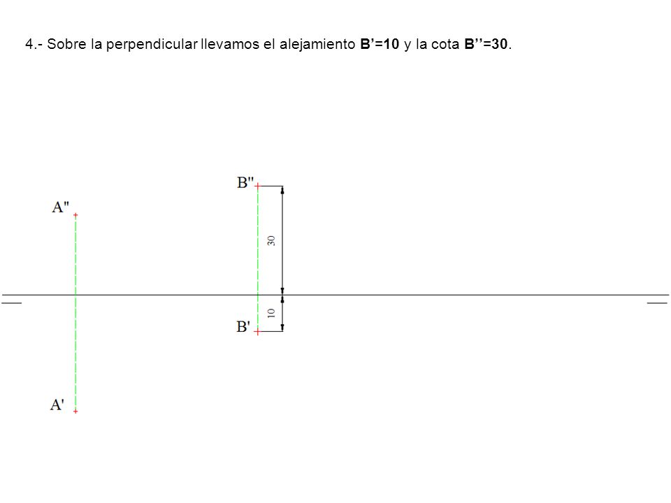 4.- Sobre la perpendicular llevamos el alejamiento B’=10 y la cota B’’=30.
