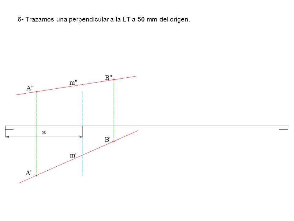 6- Trazamos una perpendicular a la LT a 50 mm del origen.