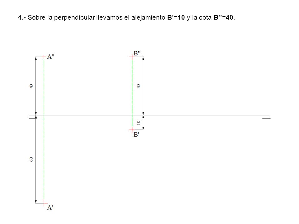 4.- Sobre la perpendicular llevamos el alejamiento B’=10 y la cota B’’=40.