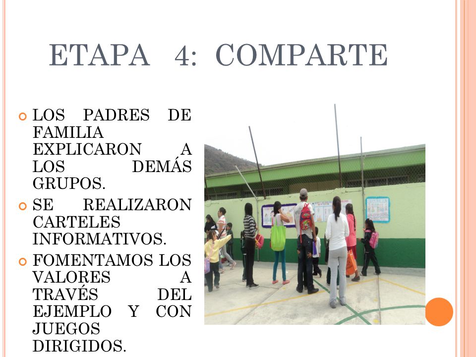 ETAPA 4: COMPARTE LOS PADRES DE FAMILIA EXPLICARON A LOS DEMÁS GRUPOS.