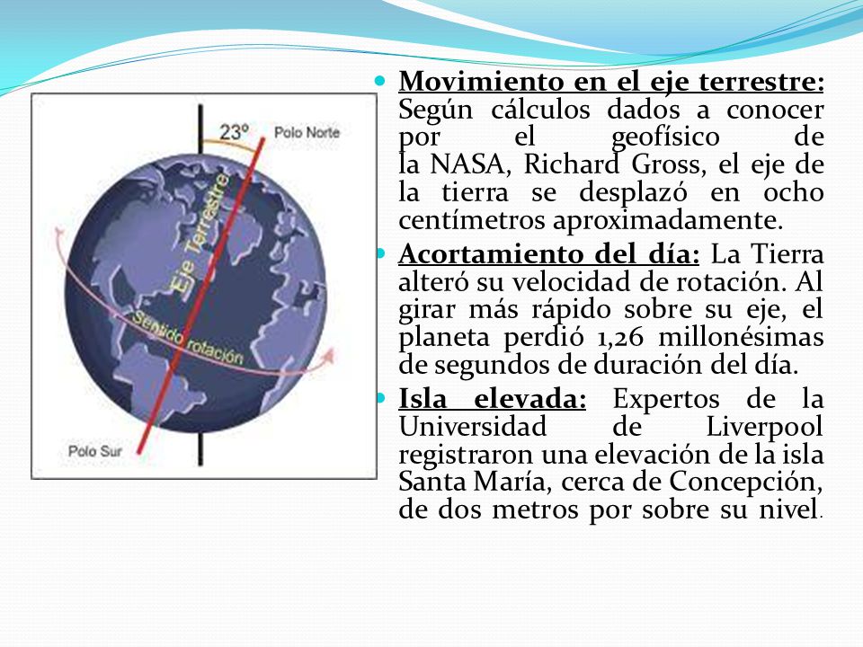 Movimiento en el eje terrestre: Según cálculos dados a conocer por el geofísico de la NASA, Richard Gross, el eje de la tierra se desplazó en ocho centímetros aproximadamente.