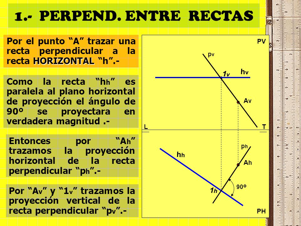 1.- PERPEND. ENTRE RECTAS Por el punto A trazar una recta perpendicular a la recta HORIZONTAL h .-