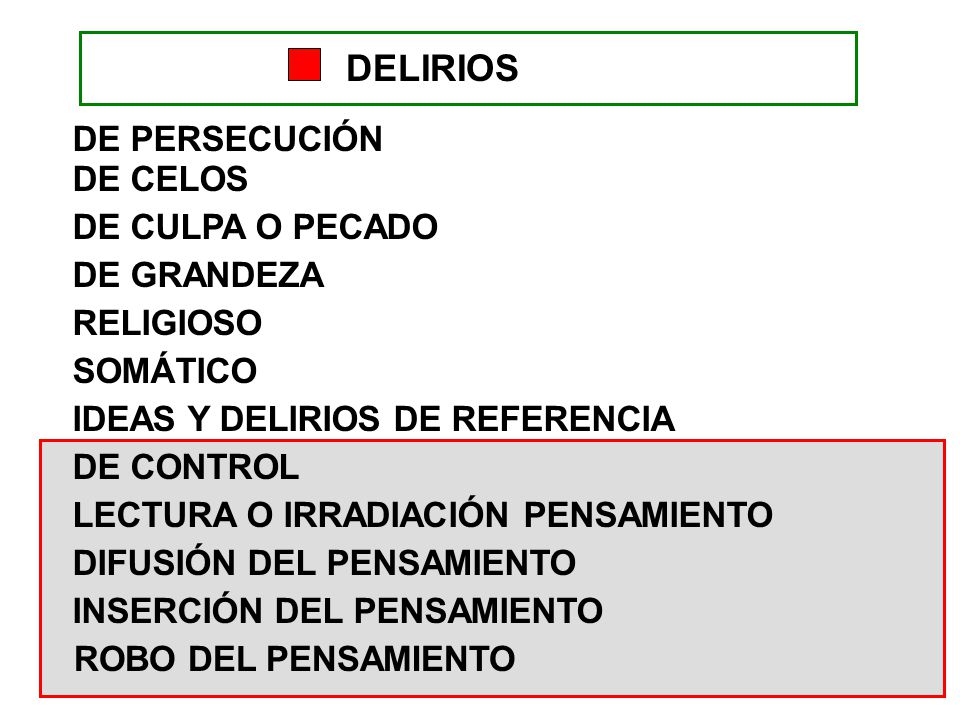 DELIRIOS DE PERSECUCIÓN DE CELOS DE CULPA O PECADO DE GRANDEZA