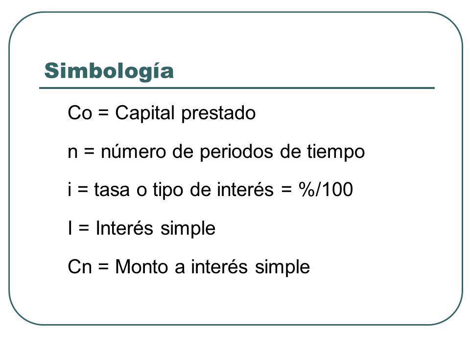 Simbología Co = Capital prestado n = número de periodos de tiempo