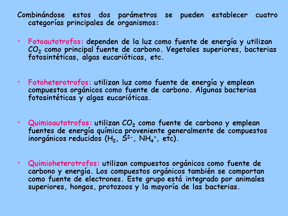 Combinándose estos dos parámetros se pueden establecer cuatro categorías principales de organismos: