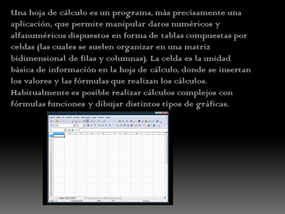 Una hoja de cálculo es un programa, más precisamente una aplicación, que permite manipular datos numéricos y alfanuméricos dispuestos en forma de tablas compuestas por celdas (las cuales se suelen organizar en una matriz bidimensional de filas y columnas).