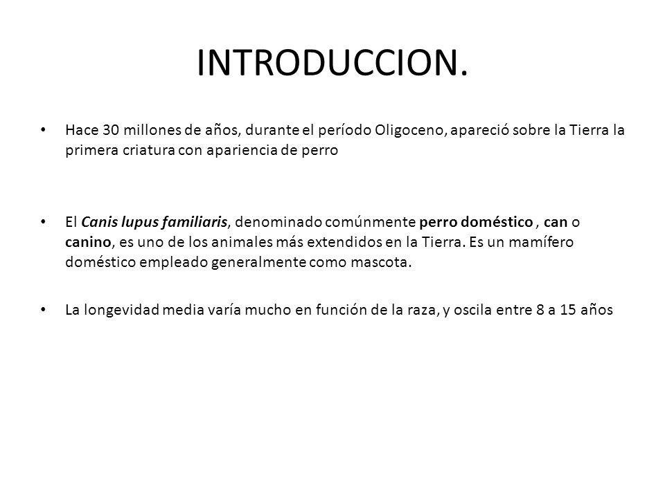 INTRODUCCION. Hace 30 millones de años, durante el período Oligoceno, apareció sobre la Tierra la primera criatura con apariencia de perro.