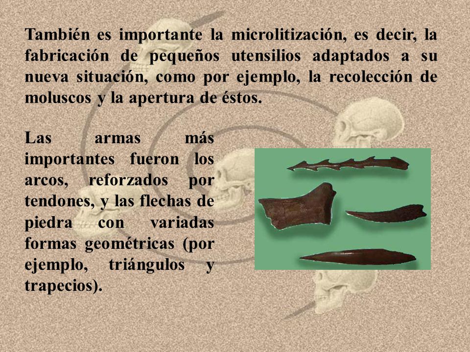 También es importante la microlitización, es decir, la fabricación de pequeños utensilios adaptados a su nueva situación, como por ejemplo, la recolección de moluscos y la apertura de éstos.