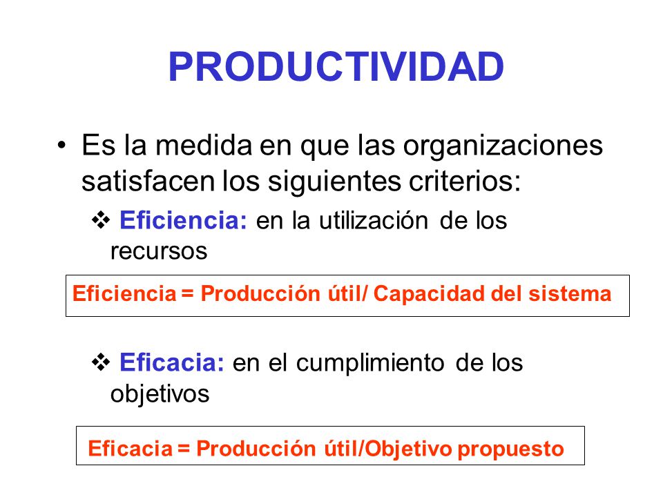 PRODUCTIVIDAD Es la medida en que las organizaciones satisfacen los siguientes criterios: Eficiencia: en la utilización de los recursos.