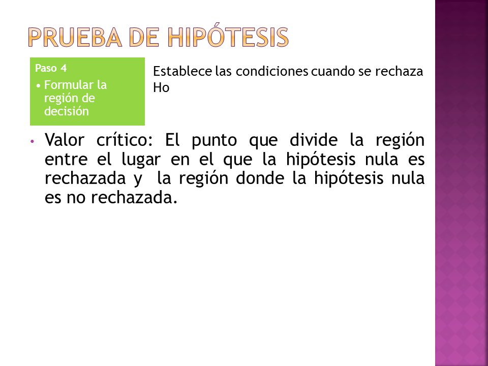 Prueba de hipótesis Paso 4. Formular la región de decisión. Establece las condiciones cuando se rechaza Ho.