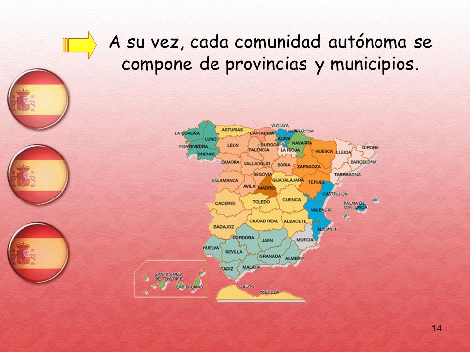 A su vez, cada comunidad autónoma se compone de provincias y municipios.