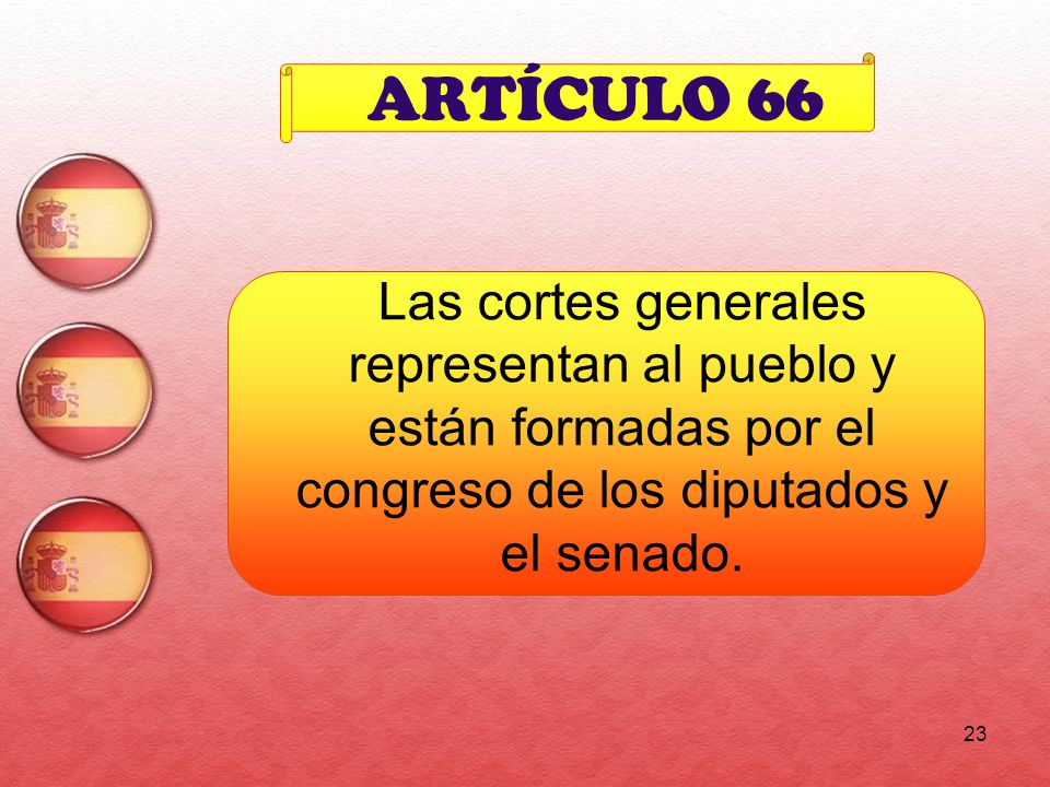ARTÍCULO 66 Las cortes generales representan al pueblo y están formadas por el congreso de los diputados y el senado.