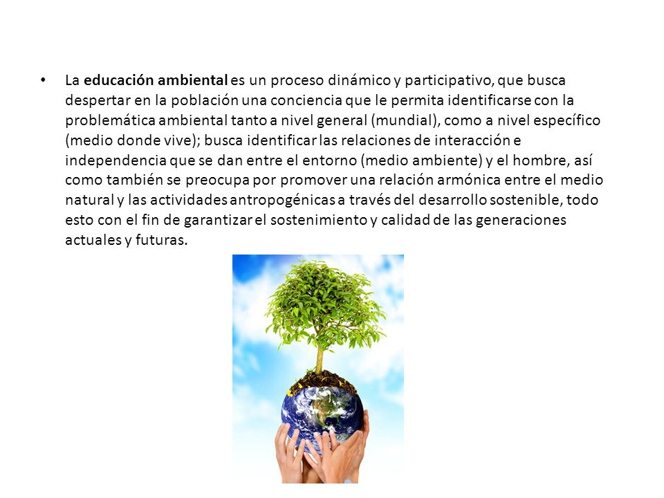 La educación ambiental es un proceso dinámico y participativo, que busca despertar en la población una conciencia que le permita identificarse con la problemática ambiental tanto a nivel general (mundial), como a nivel específico (medio donde vive); busca identificar las relaciones de interacción e independencia que se dan entre el entorno (medio ambiente) y el hombre, así como también se preocupa por promover una relación armónica entre el medio natural y las actividades antropogénicas a través del desarrollo sostenible, todo esto con el fin de garantizar el sostenimiento y calidad de las generaciones actuales y futuras.