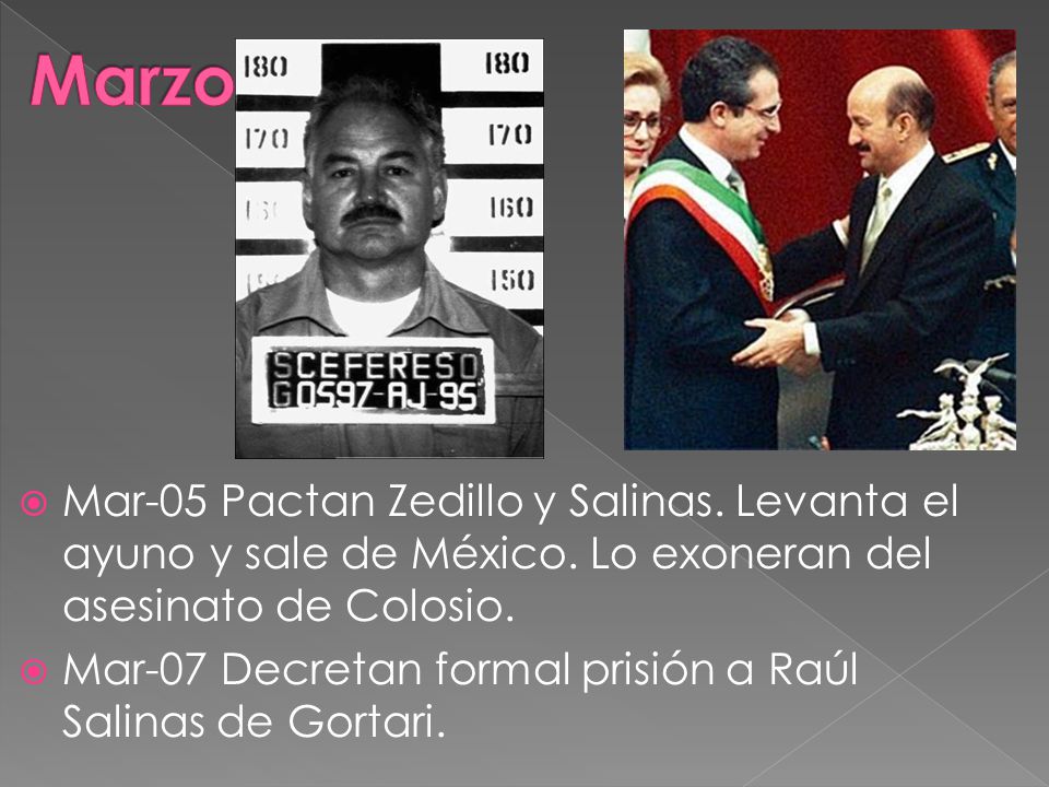 Marzo Mar-05 Pactan Zedillo y Salinas. Levanta el ayuno y sale de México. Lo exoneran del asesinato de Colosio.