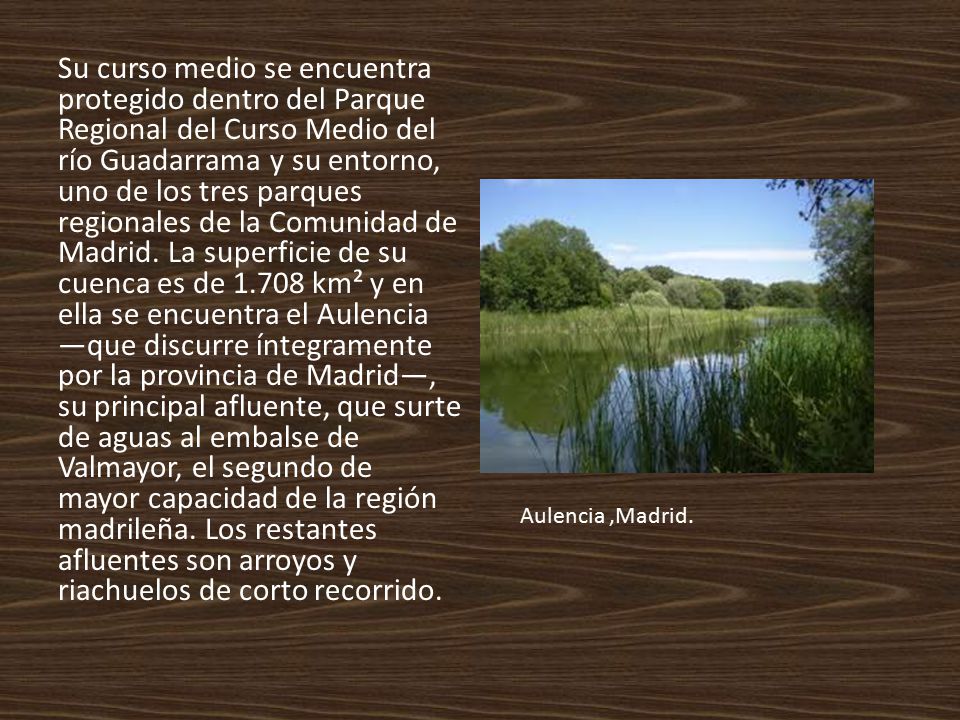 Su curso medio se encuentra protegido dentro del Parque Regional del Curso Medio del río Guadarrama y su entorno, uno de los tres parques regionales de la Comunidad de Madrid. La superficie de su cuenca es de km² y en ella se encuentra el Aulencia —que discurre íntegramente por la provincia de Madrid—, su principal afluente, que surte de aguas al embalse de Valmayor, el segundo de mayor capacidad de la región madrileña. Los restantes afluentes son arroyos y riachuelos de corto recorrido.