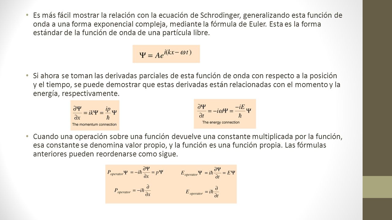 Es más fácil mostrar la relación con la ecuación de Schrodinger, generalizando esta función de onda a una forma exponencial compleja, mediante la fórmula de Euler. Esta es la forma estándar de la función de onda de una partícula libre.