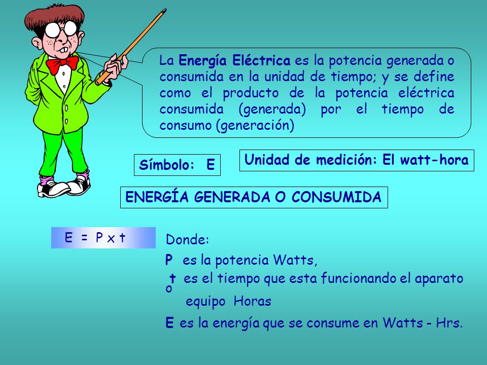 La Energía Eléctrica es la potencia generada o consumida en la unidad de tiempo; y se define como el producto de la potencia eléctrica consumida (generada) por el tiempo de consumo (generación)