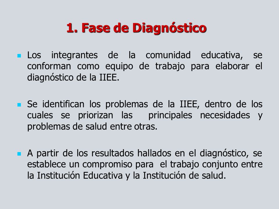 1. Fase de Diagnóstico Los integrantes de la comunidad educativa, se conforman como equipo de trabajo para elaborar el diagnóstico de la IIEE.