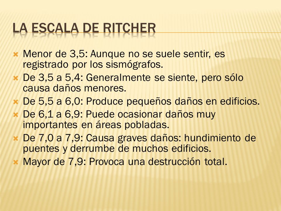 La escala de Ritcher Menor de 3,5: Aunque no se suele sentir, es registrado por los sismógrafos.