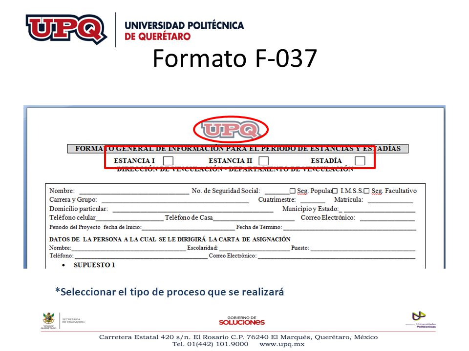 Formato F-037 *Seleccionar el tipo de proceso que se realizará