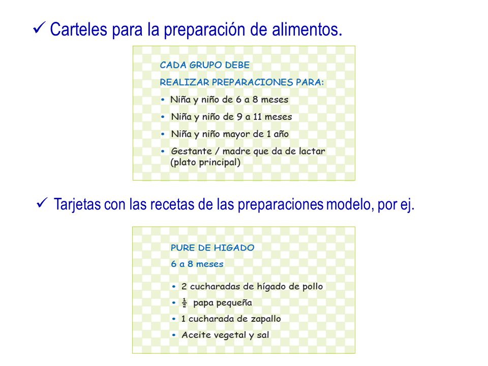 Carteles para la preparación de alimentos.
