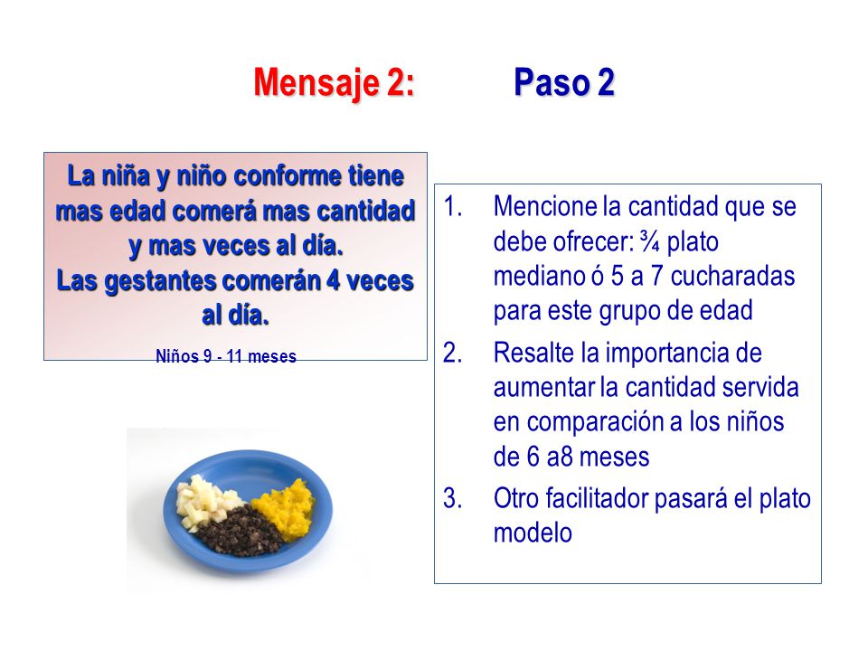 Mensaje 2: Paso 2 La niña y niño conforme tiene mas edad comerá mas cantidad y mas veces al día. Las gestantes comerán 4 veces al día.