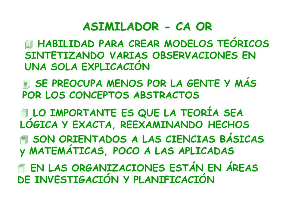 ASIMILADOR - CA OR HABILIDAD PARA CREAR MODELOS TEÓRICOS SINTETIZANDO VARIAS OBSERVACIONES EN UNA SOLA EXPLICACIÓN.