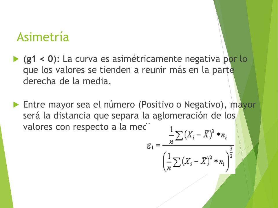 Asimetría (g1 < 0): La curva es asimétricamente negativa por lo que los valores se tienden a reunir más en la parte derecha de la media.