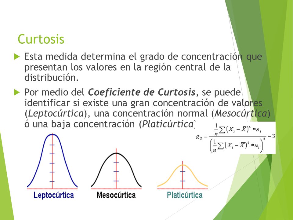 Curtosis Esta medida determina el grado de concentración que presentan los valores en la región central de la distribución.