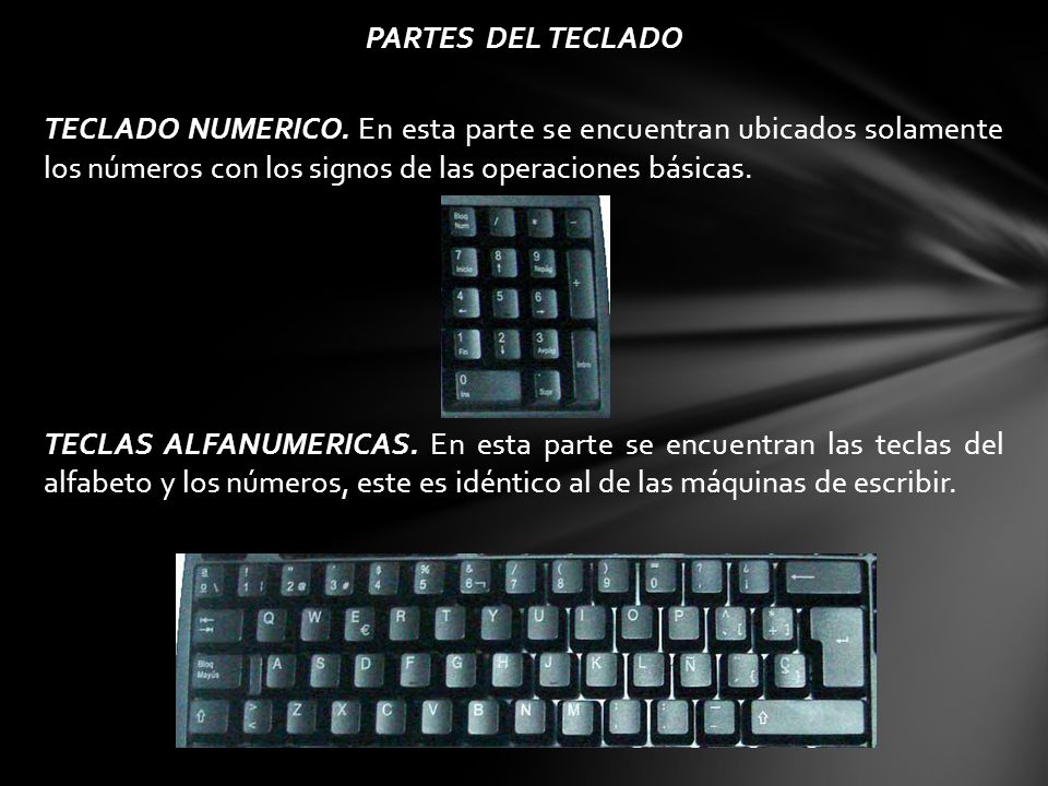 PARTES DEL TECLADO TECLADO NUMERICO. En esta parte se encuentran ubicados solamente los números con los signos de las operaciones básicas.