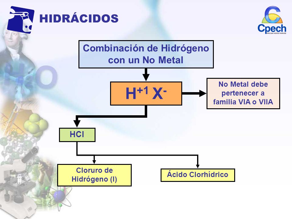 H+1 X- HIDRÁCIDOS Combinación de Hidrógeno con un No Metal HCl