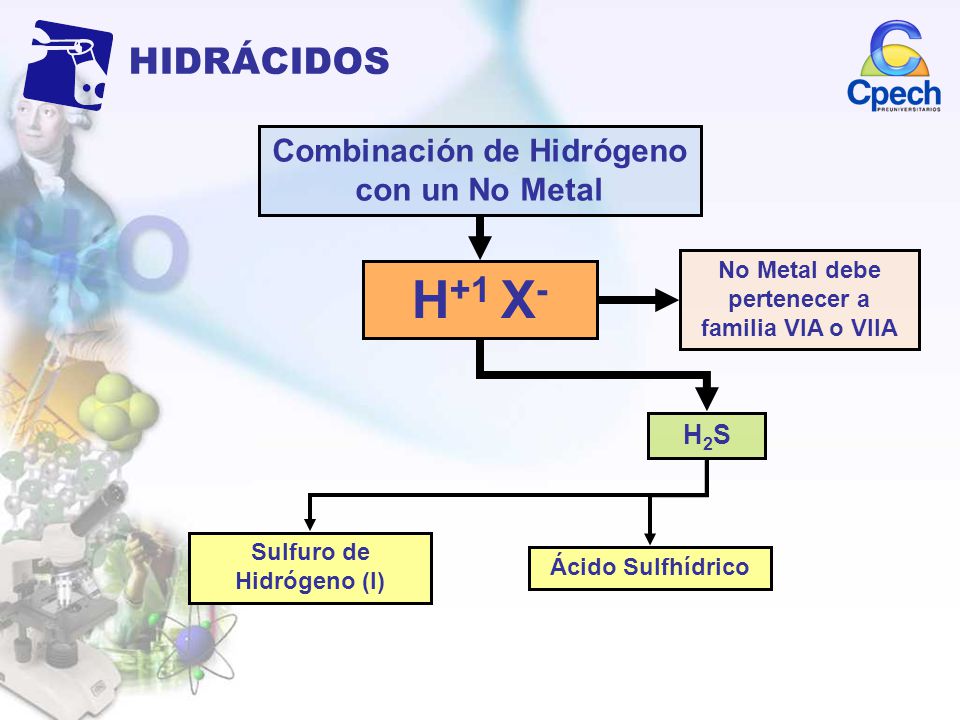 H+1 X- HIDRÁCIDOS Combinación de Hidrógeno con un No Metal H2S