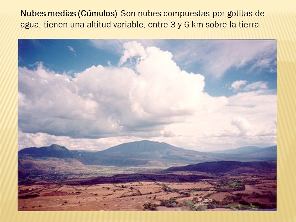 Nubes medias (Cúmulos): Son nubes compuestas por gotitas de agua, tienen una altitud variable, entre 3 y 6 km sobre la tierra