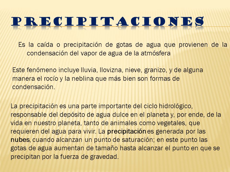 Precipitaciones Es la caída o precipitación de gotas de agua que provienen de la condensación del vapor de agua de la atmósfera.